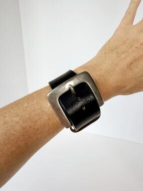 Vintage Leather Solid Brass Buckle Belt Bracelet Black Silver
